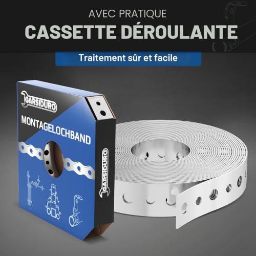 GARSIDURO® Bande perforée de montage en acier galvanisé [19 mm x 10 m] | Feuillard perforé professionnel pour fixation de câbles, conduits et tuyaux | Bande de montage flexible avec clous – vue 6