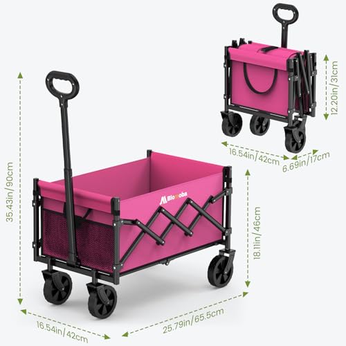 Collapsible Wagon with Wheels, 220 lbs Wagons Carts Foldable Wagon Cart with Flexible Handle, Lightweight Portable Folding Utility Grocery Shopping Cart for Grocery Sports Garden Camping, Pink