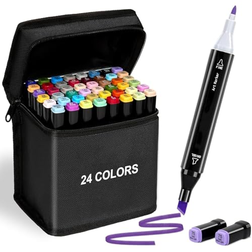 Image of VERTIS Dual Tip Colorful Art Markers Sketch Pens 24 Colors With Carrying Case For Painting Sketching Calligraphy Drawing -Twin Head Permanent Colouring Marker Pens For Kids Adult(24 Multicolor)