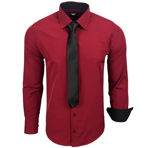 Subliminal Mode - Chemise Homme Manches Longues Col Bicolore Uni + Cravate Noir Chemise Coupe Ajusté Business Repassage Facile RN77 Bordeaux XXL