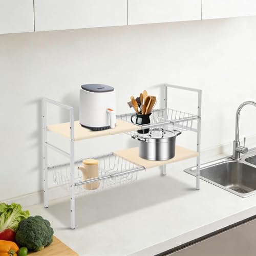 Organizador Bajo Fregadero 2 Niveles Ajustable 20.9-34.6 Pulgadas, Estante de Acero Inoxidable con 4 Canastas, Blanco Crema miniatura 5