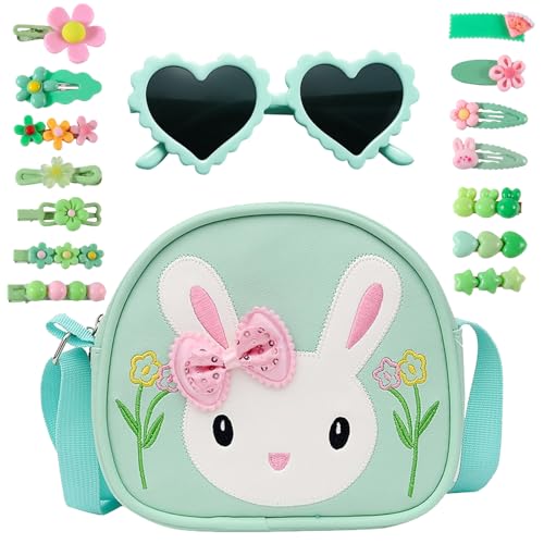 HTTDSLF Bolso de Mano para Niñas, Encantador Bolso Bandolera de Conejo, Divertido Bolsos de Hombro de Conejito   Gafas de Sol en Forma de Corazón y Horquillas (Verde)