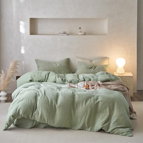 Image of EAVD Solid Mint Green Duvet Cover Queen Soft Breathable 100% Cotton Muslin Linen Like Gauze Comforter Cover with 2 Pillowcases Modern Simple Mint Green Comforter Cover with Zipper Closure