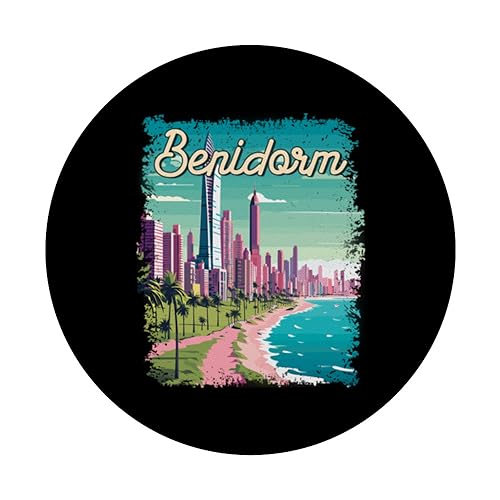 Benidorm Vacation Retro Landscape PopSockets Swappable PopGrip, Black - Image 3