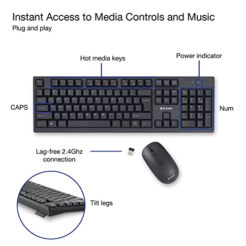 Image of Verbatim Slimline Wireless Keyboard and Mouse Combo 2.4GHz USB Plug-and-Play Numeric Keypad Adjustable Tilt Legs Optical Wireless Mouse Full-Size Computer Keyboard Compatible with PC, Laptop 70741