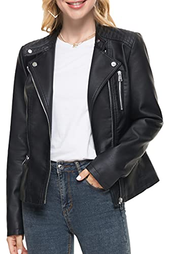 Fahsyee Leather Jacket for Women Faux Stand Collar Zip Up Motorcycle Short PU Moto Biker Outwear Coat