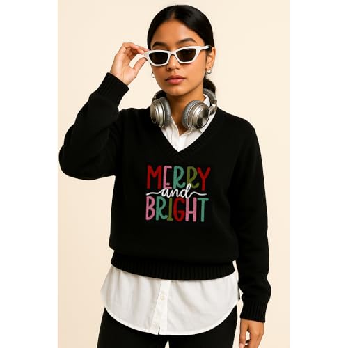 Unisex Merry and Bright Knitted V-Neck Sweater Long Sleeve Warm Cozy Pullover for Men and Women Soft Comfortable Fit Casual Winter Jumper Holiday Season 02 Vneck Sweater L Black4
