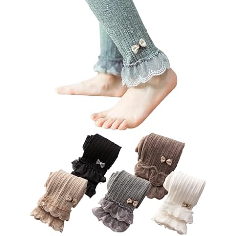 BGMINGYI Pack of 5 Little Girls Cable Knit Footless Tights Ankle Bow Lace Trim Ruffle Leggings Cotton Long Pants Stockings (US, Age, 10 Years, 12 Years, 5 Packs(Black/White/Gray/Brown/Khaki)) Cover