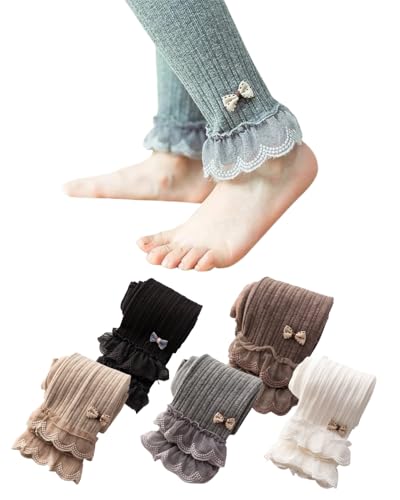 Pack of 5 Little Girls Cable Knit Footless Tights Ankle Bow Lace Trim Ruffle Leggings Cotton Long Pants Stockings