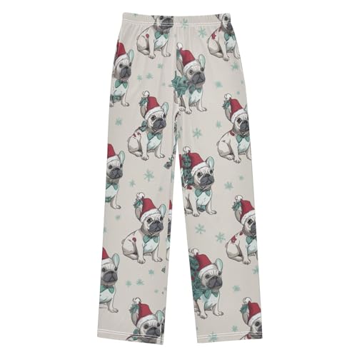 ZZXXB Xmas French Bulldog Snow Boys Long Pants Soft Trousers Elastic Waist Kids Lounge Bottoms with Pockets S-XL