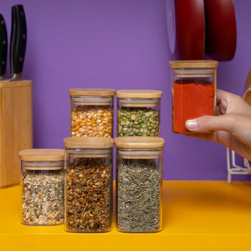 Kit 6 potes de vidro tampa de bambu herméticos quadrados - Tüd