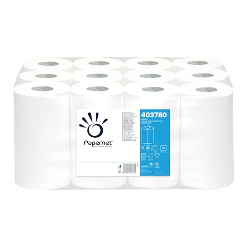 Papernet - Asciugamano di Carta in Rotolo a Estrazione Centrale 403780, 1 Confezione da 12 Rotoli in Pura Cellulosa da 57 m Ciascuno, 2 Veli, 163 Strappi da 24,4x35cm