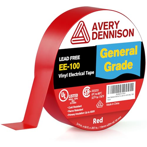 Avery Dennison Electrical Tape, General Use PVC Electric Tape, UL/CSA Listed Insulating Vinyl Tape for Electrical, Repairs, Automotive and Equipment, EE-100, ¾ in x 66 ft, Red, 1 Roll