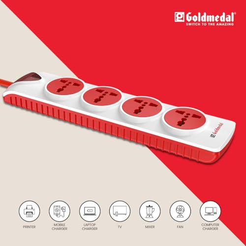 Image of Goldmedal 240 Volts Plugged-in 4x1 Extension Board | 4 Outlet Universal Sockets | Master Switch with Indicator | 5 Meter Heavy Duty Extension Cable | Multi Plug Socket for Home & Office