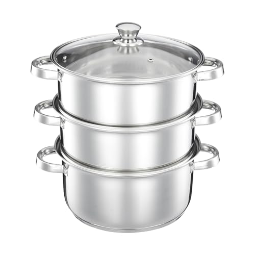 Amazon Brand – Solimo Stainless Steel 3-Tier Steamer with Glass L...