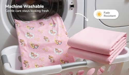 Image of 2 Pack Fitted Crib Sheets for Girls in 100% Jersey Knit Cotton - Pink and Yellow Precious Moments Design Plus Solid Pink Girl's Crib Mattress Sheets by Everyday Kids