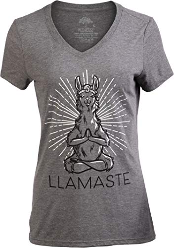 Llamaste | Cute, Funny Yoga Llama Namaste Workout V-Neck T-Shirt Top for Women-(Vneck,M)