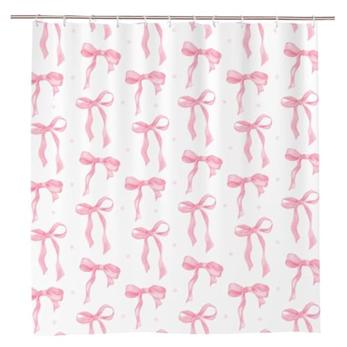 FloralGrace Cortina de Ducha Rosada con Lazo de Tela Moderna, Conjunto Estético para Baño con Ganchos 180x180 cm, Lazo Rosa