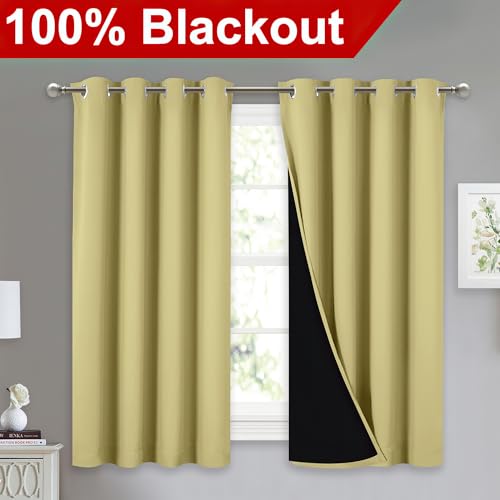 Image of NICETOWN 100% Blackout Curtains with Black Liners, Thermal Insulated Full Blackout 2-Layer Lined Drapes, Noise Cancellation Window Drapes for Dining Room (Paler Yellow, 2 Panels, 52 inch W by 54 inch L)