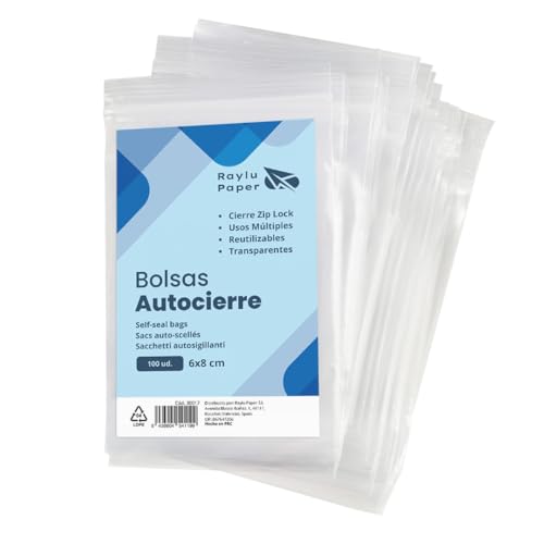 RAYLU PAPER   Bolsas Auto Cierre Zip, Pack de 100 Bolsas de Plástico Transparente Reutilizables, usos Múltiples, Hecho en Europa (6 x 8)