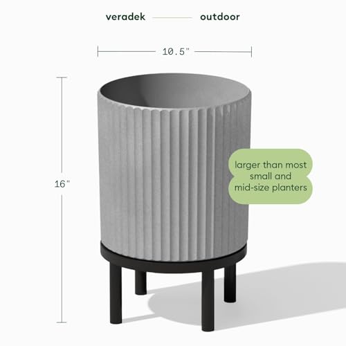 Image of Veradek Demi Series Raised Planter - Round Planter with Stand | Made From a Durable Plastic-Stone Composite & Comes With Wooden Stand. Modern Porch /Patio Decor