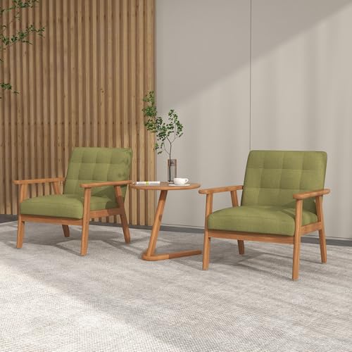 KCC Mid-Century Modern Linen Fabric Accent Chair, Upholstered Leisure Chair Comfy Reading Side Chair with Armrest and Solid Wood Frame for Living Room Bedroom Balcony(Green)