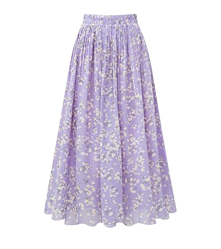 Kingfancy Women'S Pleated Skirt Chiffon Elastic Waist A-Line Midi Length Skirt Lavender Floral Xl