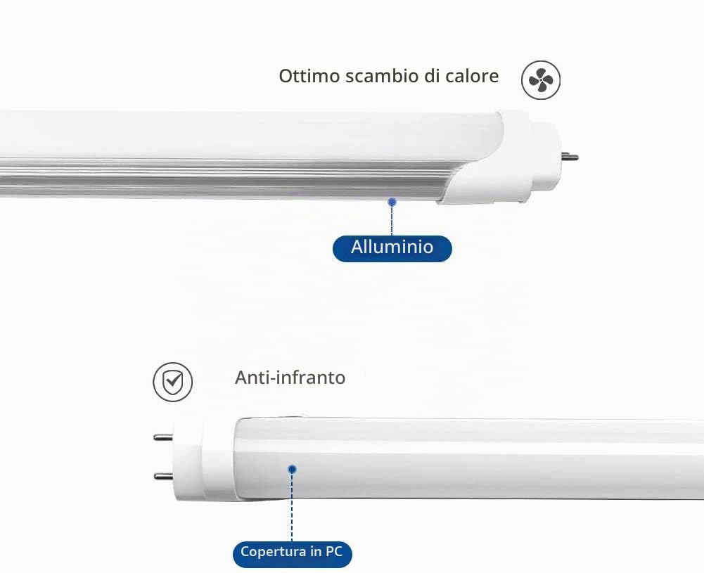 SET 10 Tubo Neon Led 120 cm 18W Attacco T8 Luce Bianco FREDDO 6000-6500 K 1980 Lumen Equivalente 200 Watt Copertura Opaca
