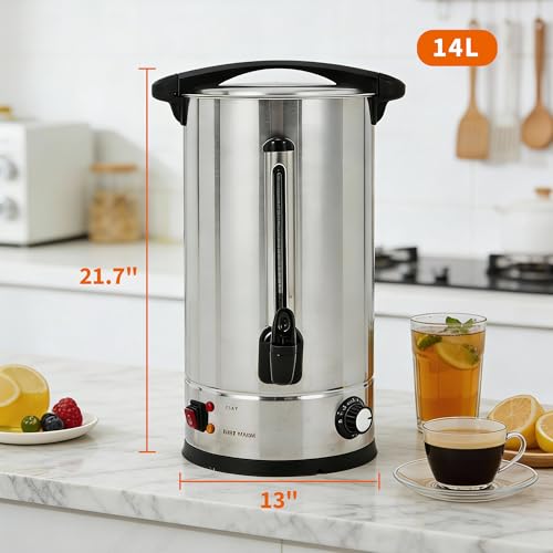 Image of 100-Cup Coffee Urn, 14L / 3.8Gal Double Wall Insulation Coffee Dispenser, Stainless Steel Large Hot Beverage Dispenser with Automatic Temperature Control & Faucet Commercial Coffee Urn, Silver