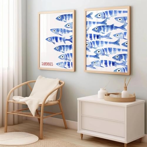 Baibexing Póster de tela com sardinha azul retro, impressões de estilo mediterrâneo, arte de parede com sardinha, decoração para sala de estar e casa. 40 x 60 cm x 2 peças sem moldura