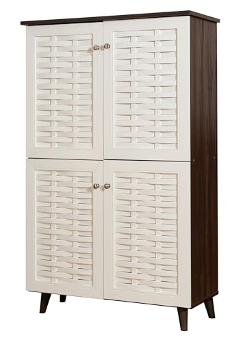 Image of DeckUp Plank Bei 4-Door Engineered Wood Shoe Rack with Wooden Legs (Walnut and White, Matte Finish)
