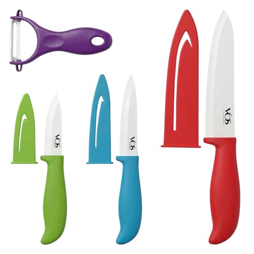 Vos Ceramic Knife Set with Peeler, Ceramic Knives Set For Kitchen, Ultra Sharp Kitchen Knife Set with Covers, 3" 4" 6" Paring, Utility & Chef Knife, Lightweight, Dishwasher safe (Multi-Color Handle)