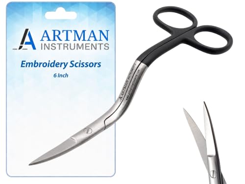 ARTMAN INSTRUMENTS Bent Handle Curved Embroidery Scissors - 6 Inch Curved Applique Scissors for Machine Embroidery Fabric Stitches and Crafting - Premium Stainless Steel with Precision Blades