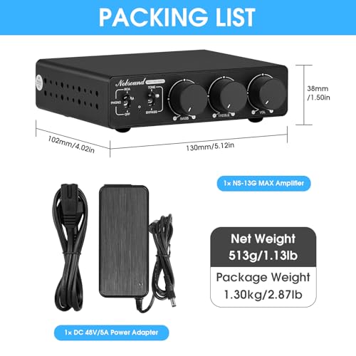 Nobsound NS-13G MAX 300 W x 2 wzmacniacz stereo z wejściem phono – mini końcówka HiFi klasy D do kina domowego, gramofonu, monitora studyjnego | TPA3255, wejścia RCA/MM, regulacja basu/wysokości (DC