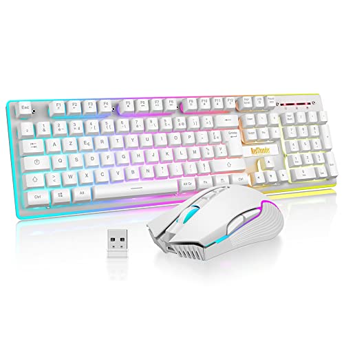 RedThunder K10 Ensemble Clavier et Souris sans Fil Gamer Rétroéclairé, AZERTY FRANÇAIS, 2,4 GHz Connexion + 3800mAh Batteries Rechargeables, Souris Gaming 3200DPI pour PC Mac PS5 (Blanc)
