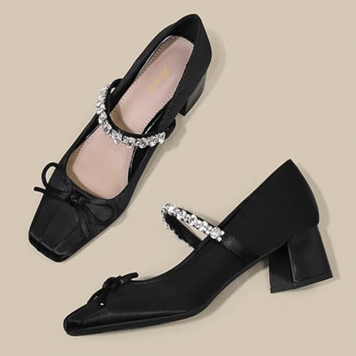 FOWT Women Bow Square Toe Mary Janes Rhinestone Studded Chunky Block Low Heel Pumps Ballet Dressy Formal Prom Shoes Size 4-16 US3