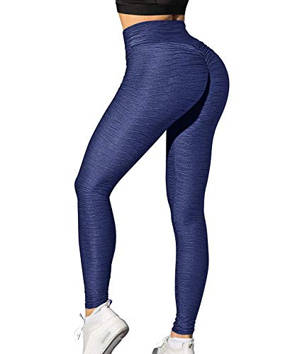 FITTOO Women's Honeycomb Ruched Butt Lifting High Waist Yoga Pants Chic Sports Stretchy Leggings Ripple Navy(M)