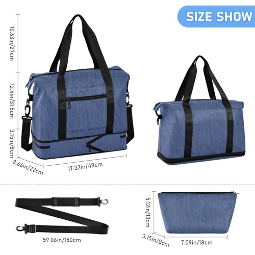 Navy Blue Linen Texture Travel Tote Gym Bag Overnight Carry On Tote and Luggage with Adjustable Strap for Travel Foldable3