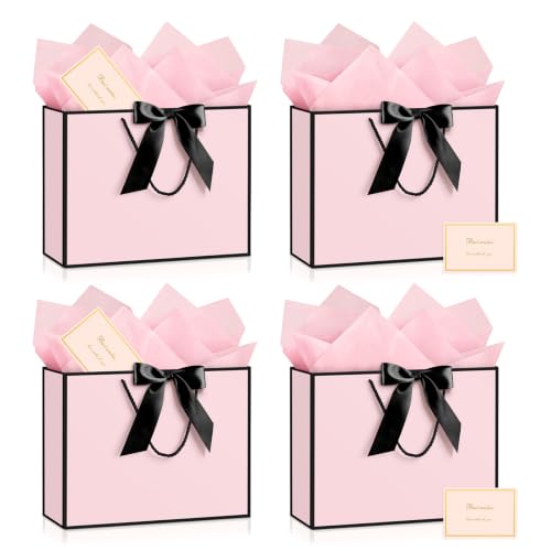 Image of JMANNI Gift Bags with Handles, 13 inch Medium Gift Bag for Presents, 4 Pcs Bags with 8 Tissue Paper and 4 Cards for Graduation Baby Shower Wedding Fathers Day Mother's Day Birthday Party(pink-black)