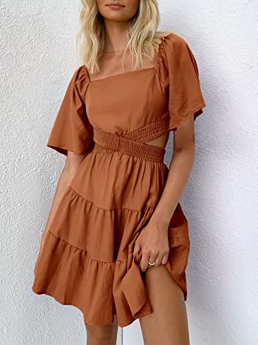 Anrabess Women 2023 Spring Dress Summer Casual Cutout Square Neck Short Sleeve A-Line Sexy Party Gradution Dress Cocktail Short Mini Dresses 925Jiaotang-M Caramel #TOP4