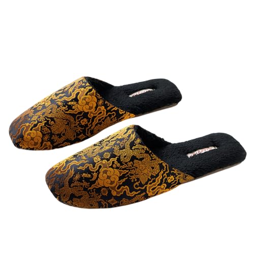 Silk Embroidered Slippers Women Retro Brocade Upper Mesh and Fuzzy Lining Anti-Slip Soles Indoor Slippers