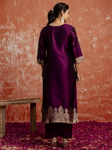 Image of VredeVogel Women's Cotton Silk Blend Zari Work Kurta Pant Set with Jacquard Silk Dupatta | Modern & Traditional Blend Ethnic Wear Set