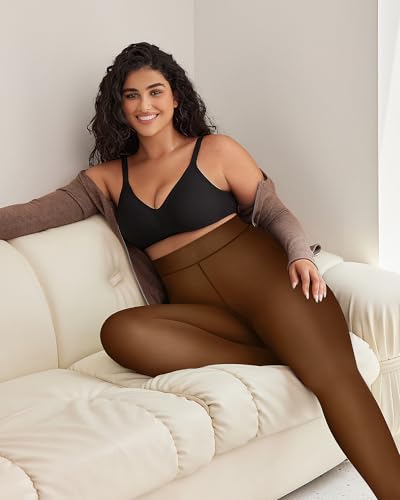 Image of OEAK Womens Fleece Lined Tights Sheer Fake Translucent Pantyhose Thermal Tights High Waisted Footed Leggings
