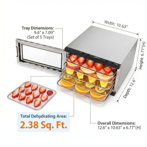 Image of Food Dehydrator Machine - 5 Stainless Steel Trays, Digital Adjustable Timer, 400W, 176F, Temperature Control, Mini Dryer for Jerky, Herb, Meat, Beef, Fruit and Dog Treats, Model 2015YJ, Silver | Digital Adjustable Timer, 400W, 176F, Temperature Control for Jerky, Herb, Meat, Beef, Fruit and Dog Treats, Silver