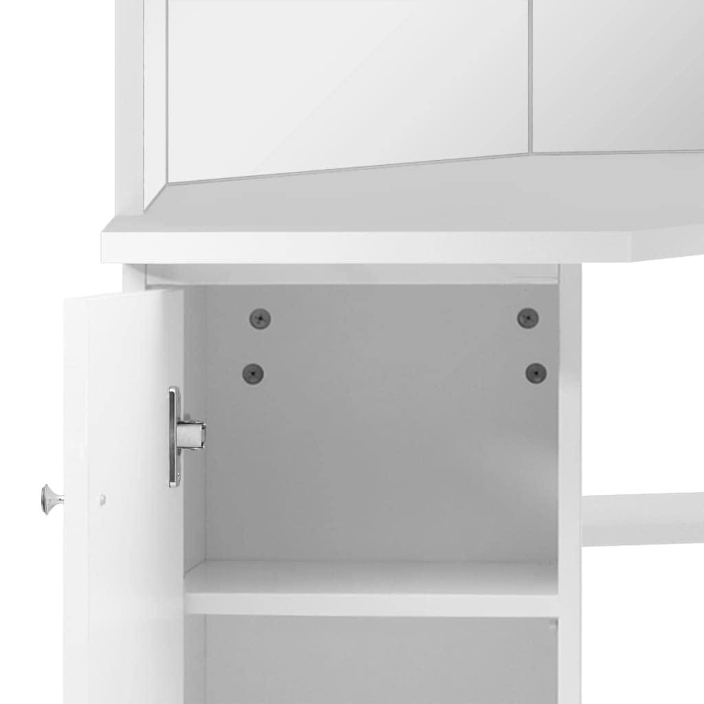 Tocador esquinero blanco de MDF con espejo de 3 piezas, espacio de almacenamiento y estante, mesa de maquillaje compacta para dormitorio, habitación de niña y baño