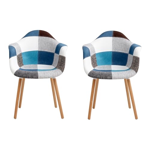 GrandCA HOME 2er-Set Sessel mit Patchwork-Stoffkissen Esszimmerstühle Holzbeine für Küche, Wohnzimmer,Blau A5 GrandCA HOME 2er-Set Sessel mit Patchwork-Stoffkissen Esszimmerstühle Holzbeine für Küche, Wohnzimmer,Blau A5