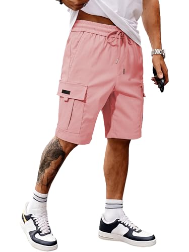JMIERR Cargo Shorts for Men Casual Classic Twill Drawstring Elastic Waist Summer Work Shorts with Multi Pockets,US 36(L),Pink