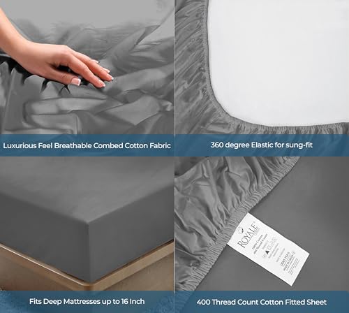 Image of Royale Linens 400 Thread Count 100% American Grown Cotton Fitted Sheet Full Size - All Around Elastic Fitted Sheet - Luxury Sateen Weave - Snug Fit Bottom Sheet Fit Up to 16 inch (Full, Spanish Slate)