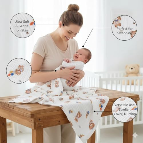 Image of Kassy Pop Muslin Cotton Bath Towel Cum Baby Swaddler | Extra Soft Towels for Newborn 0 to 3 Years l 100% Organic Cotton wash Towel | 105 X 105 cm (Bear Print)