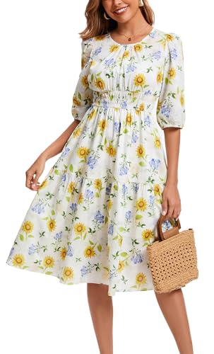 Image of Kormei Women Summer Casual Boho Floral Round Neck 3 /4 Sleeve Smocked Waist Tiered Flowy Swing Midi Dress L White /Yellow Floral
